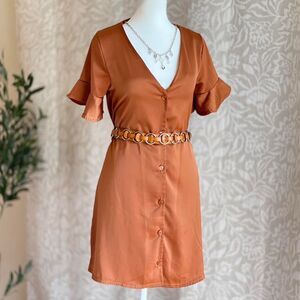 Nasty Gal Rust Satin Shirt Dress Button-Up Short Sleeve Mini Dress Size‎ 2